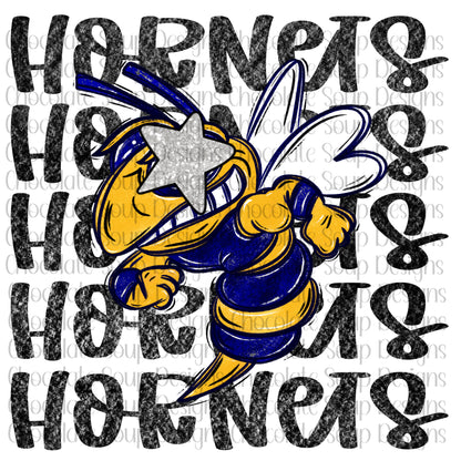 Hornets Preppy Mascot-Blue Gold Silver Star