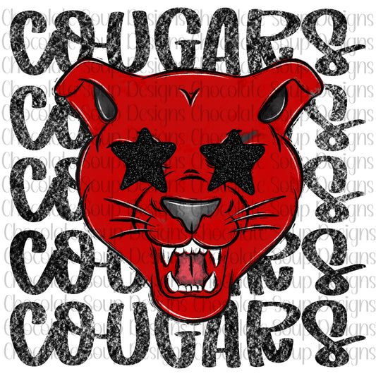 Cougars Preppy Mascot-Red Black Stars