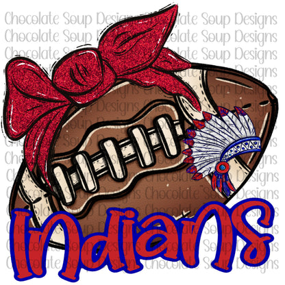 Indians Mascot Football-Red White Blue Glitter Bow