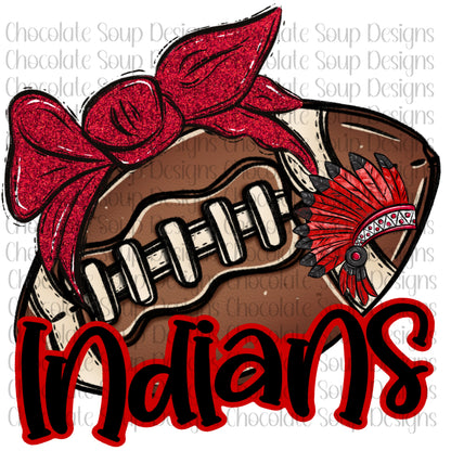 Indians Mascot Football-Red Black Glitter Bow