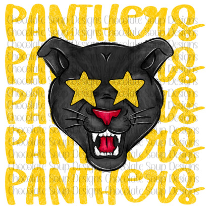 Panthers Preppy Mascot-Black Yellow Stars