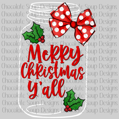 Merry Christmas Y'all-Christmas Mason Jar-White and Black