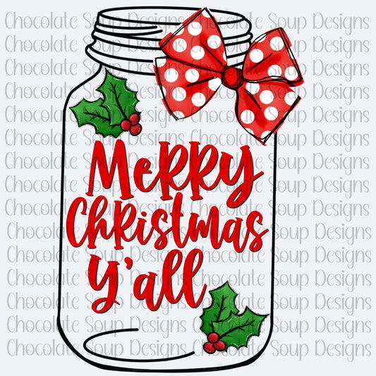 Merry Christmas Y'all-Christmas Mason Jar-White and Black