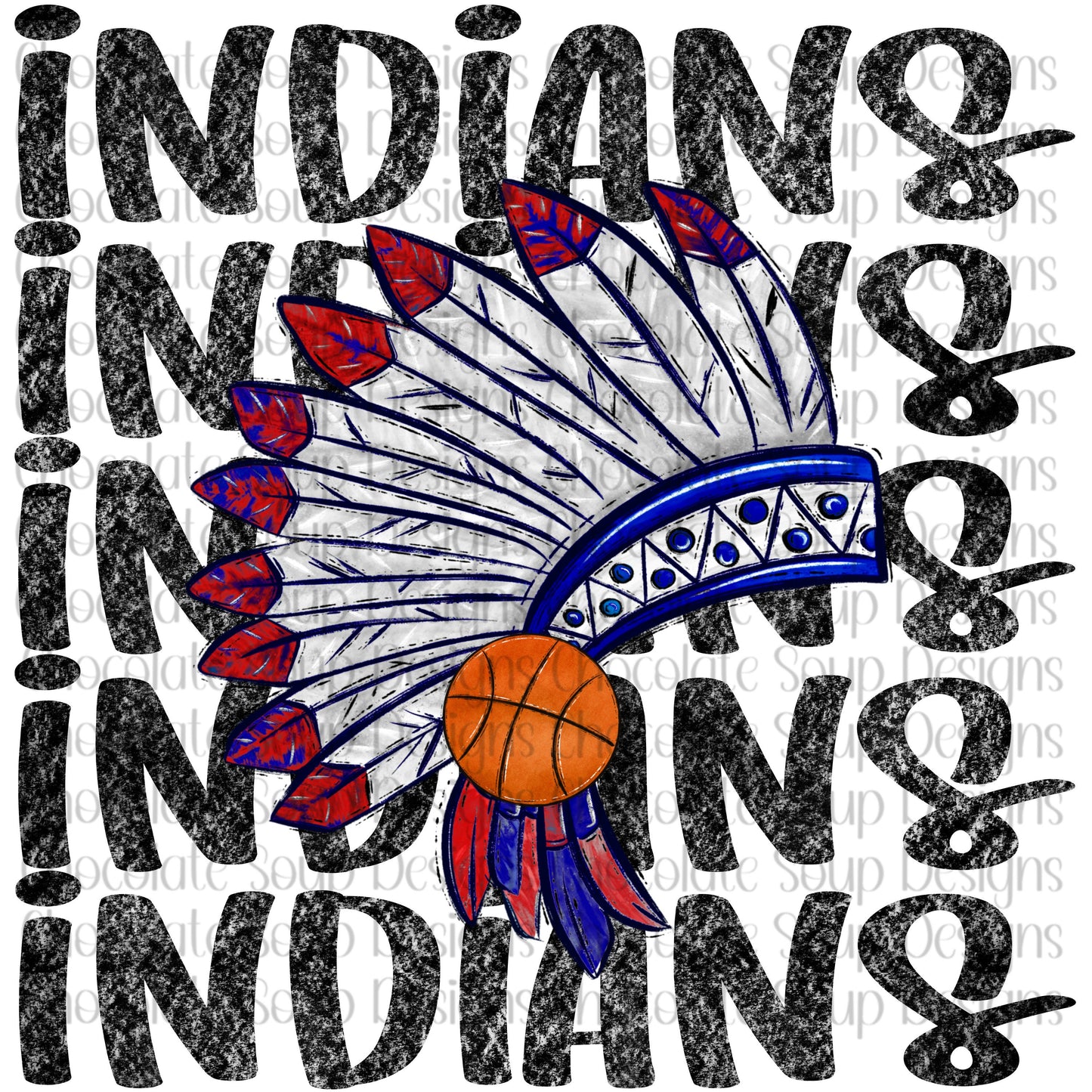 Indians Basketball Preppy Mascot-Basketball Eyes-Red Silver Blue