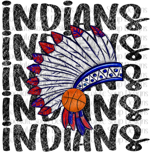 Indians Basketball Preppy Mascot-Basketball Eyes-Red Silver Blue